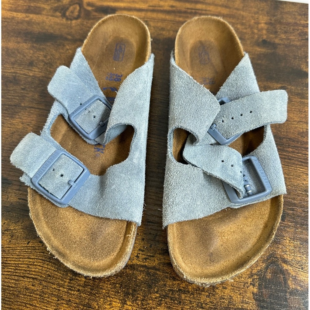 Birkenstock Arizona Soft Footbed Suede Sandals Buckle Blue Slides Size 38 L7 M9 - Picture 2 of 14
